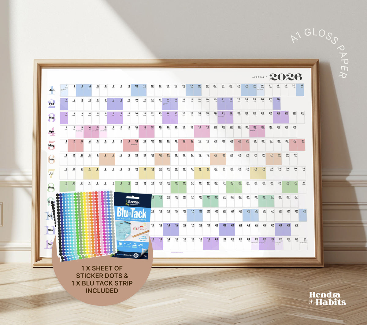 2026 Wall Planner Australian Public Holidays | Colourful - A1 Gloss - Blutack Strip + Dot Stickers image