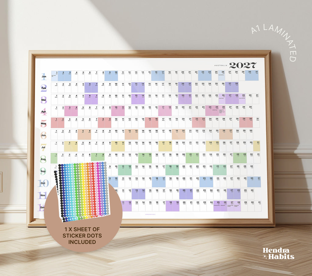 2027 Australian Wall Planner, Public Holidays, Colourful - A0, A1, A1 Laminated or A2