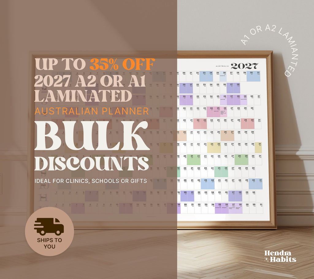 2027 Australian Laminated A2 or A1 Wall Planner, Public Holidays, Colourful (Bulk Orders)