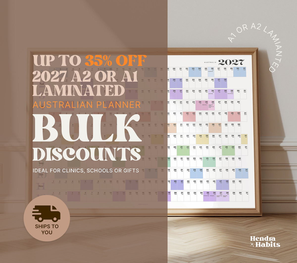 2027 Australian Laminated A2 or A1 Wall Planner, Public Holidays, Colourful (Bulk Orders)