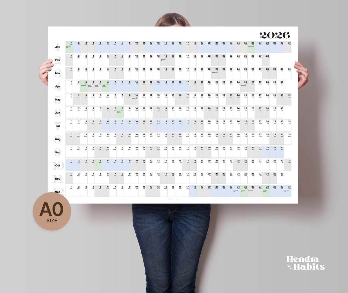 2026 WESTERN AUSTRALIA Wall Planner with School Holidays A0/A1/A2 Matte image 1