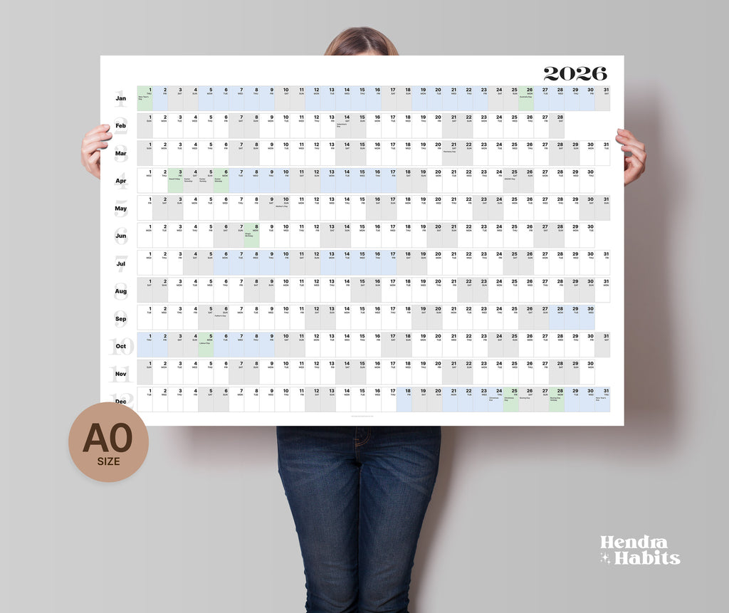 A0 Australian Wall Planner with School Holidays 2026.