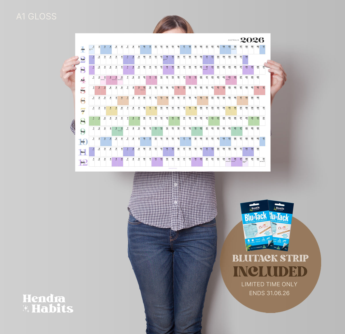 A1 Wall Planner Gloss Australia 2026. Includes blutack strip while stocks last.
