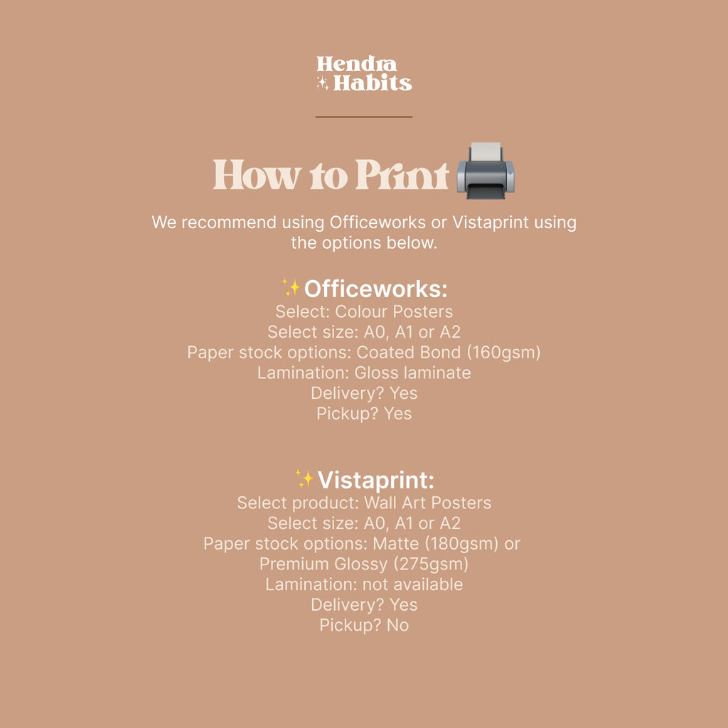 Instructions on how to print this planner using Vistaprint or Officeworks.
