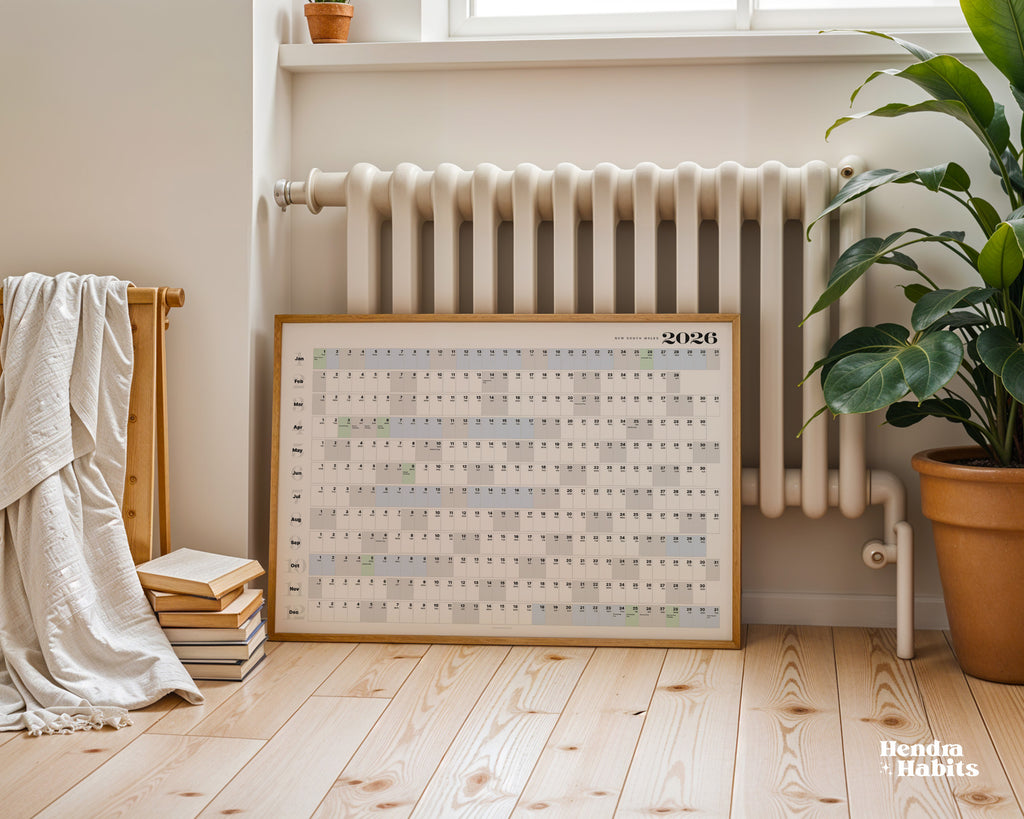 2026 wall planner NSW framed on floor.