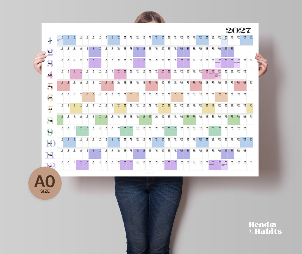 2027 Australian Wall Planner, Public Holidays, Colourful - A0, A1, A1 Laminated or A2