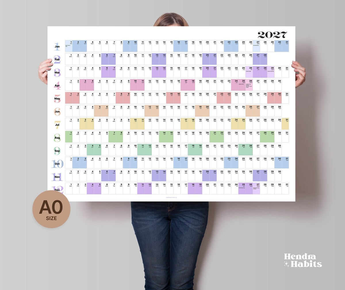 2027 Australian Wall Planner, Public Holidays, Colourful - A0, A1, A1 Laminated or A2