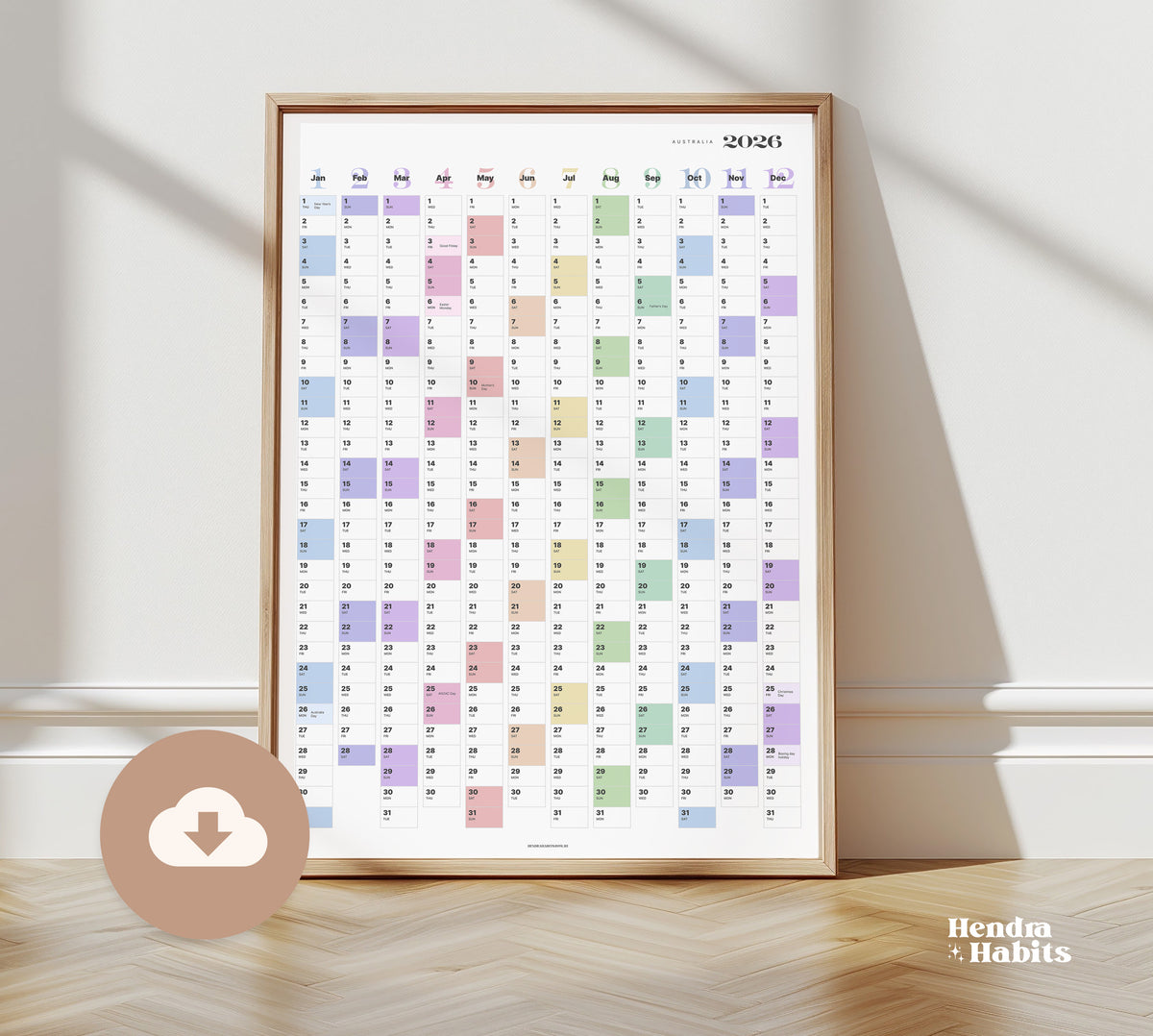2026 Vertical Portrait wall planner. Rainbow