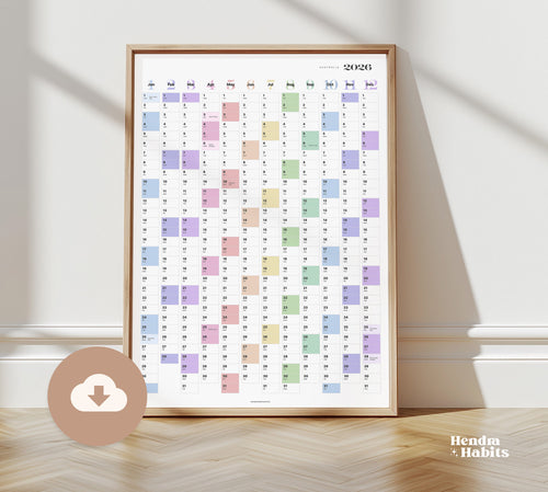 2026 Vertical Portrait wall planner. Rainbow
