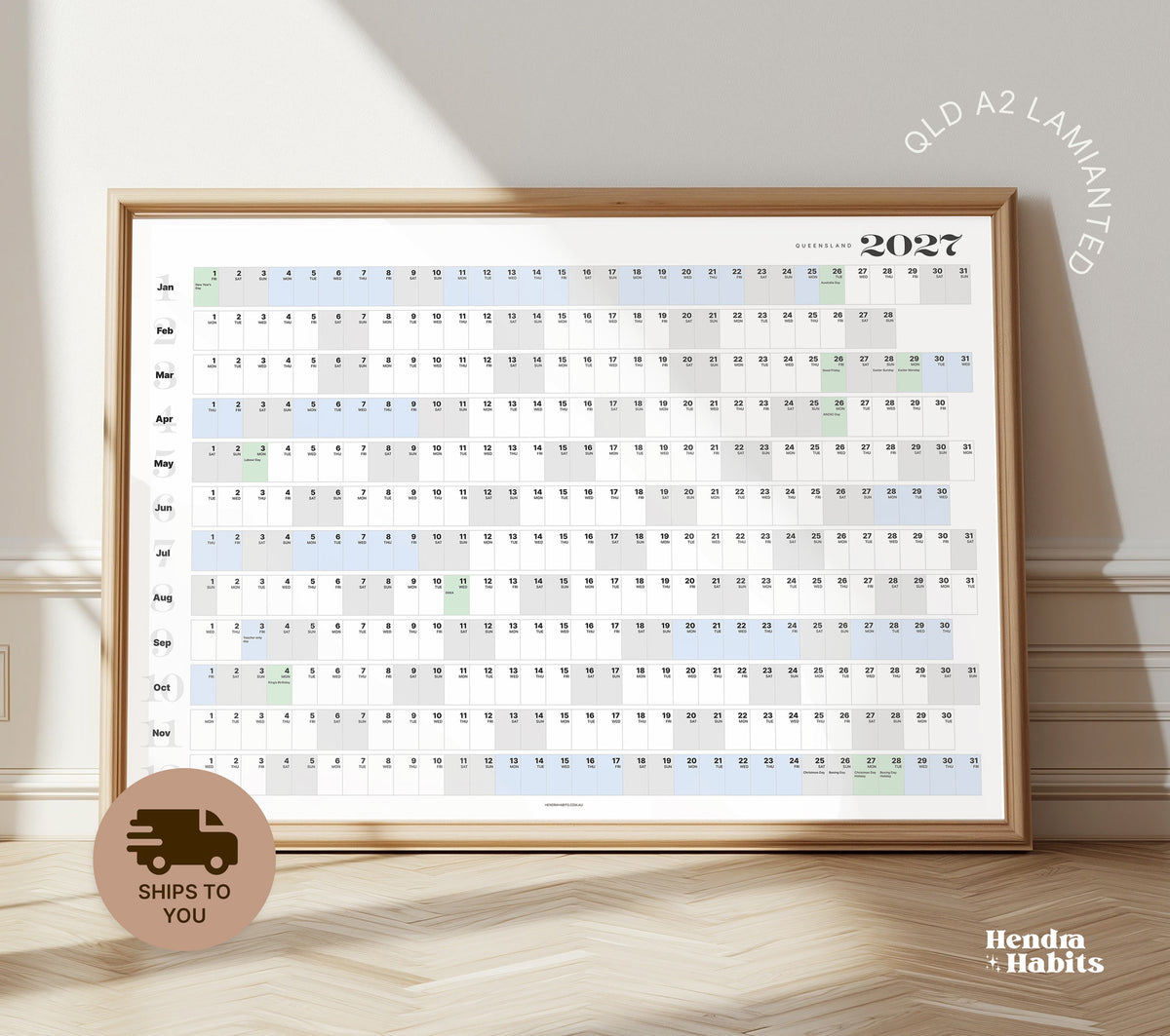 2027 QUEENSLAND Wall Planner A2 Laminated